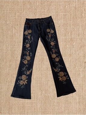 Women’s Dark Blue Embroidered Flare Jeans